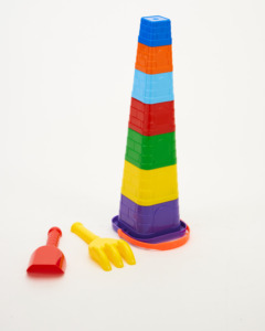 Torre de castillo de arena, 7 tazas apilables de colores arcoíris con pala y palas de jardín. - Product Image 1