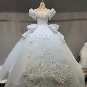 2023 लक्जरी आइस ब्लू फीता गेंद का गाउन शादी की पोशाक दौर गर्दन फैशन अरबी ब्राइडल गाउन प्लस आकार वेडिंग गाउन