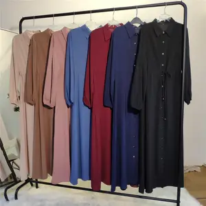 Váy Dài Phong Cách Hồi Giáo, Màu Trơn, Có Ve Áo Và Nút Dọc, Thời Trang Mới 2020