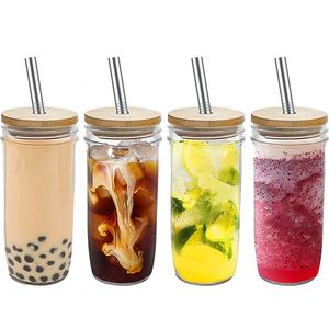 Transparent Drinking Tumbler Bamboo <b>Lids</b> Glass <b>Straw</b> 4-Piece Set 24OZ American Style Beer Can Shaped Iced Coffee Glasses Custom - Product Image 3
