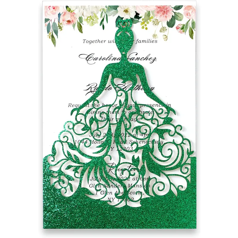 2023 modèle de conception de poche de carte d'invitation de mariage de luxe rustique de paillettes vert émeraude pour quinceanera invitaciones de boda