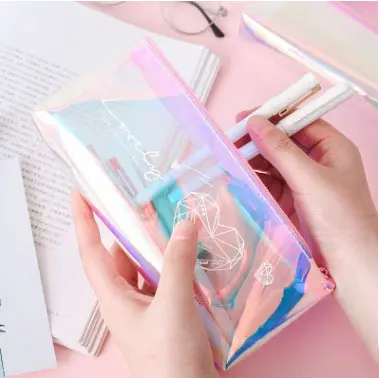 Creative school Stationery bag Fashion transparent cute mini star heart Shinny glitter PVC TPU holographic pencil case