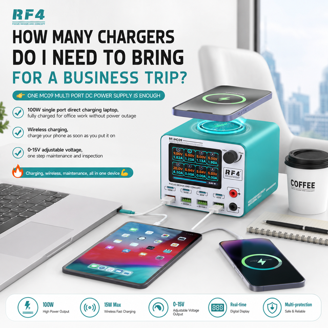 RF4 MC09 Multi-Port DC Power Supply Fast Charger with Wireless Charging for Office Business Travel  Phone Laptop Tablet