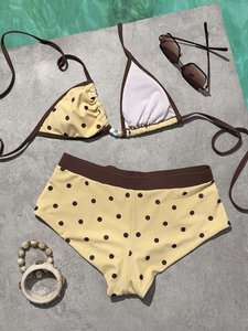 Ensemble de bikini jaune et marron à pois, haut triangle dos nu et short de bain à cordon, maillot de bain deux pièces pour femme, vente en gros - Product Image 5