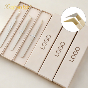 Lashestar Wholesale Lash <strong>Tweezers</strong> Fiber Tip Custom Logo 45 90 Degree Beige Color Stainless Steel Lash <strong>Tweezers</strong> Fiber Tip - Product Image 1