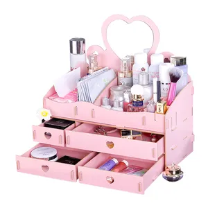 Organisateur de rangement de maquillage cosmétique, en bois, outil de bricolage DIY avec Mini cygne amour miroir, 4 grands tiroirs