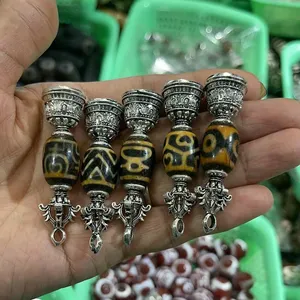 Hot Sale Retro Tibet DIZ Beads Stone Pendant Brass with Silver Plated Agate Jewelry Charms for Necklace Making