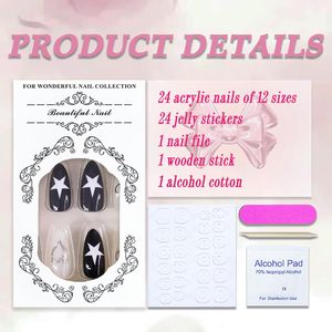 <span class=keywords><strong>Uñas</strong></span> <span class=keywords><strong>cortas</strong></span> de almendra cubierta completa a presión <span class=keywords><strong>uñas</strong></span> blanco negro plata estrellas arco Y2K diamantes de imitación acrílico brillante estilo francés 24 Uds - Product Image 2