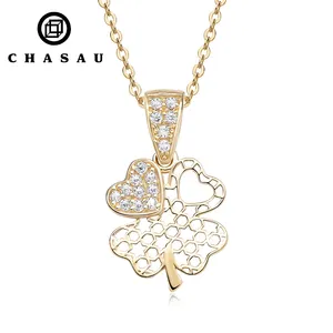 Joyería de lujo para mujer, circonita cúbica, oro real, colgante de 14 quilates, trébol, collar de corazón de oro macizo de 14 K con cadena de plata 925