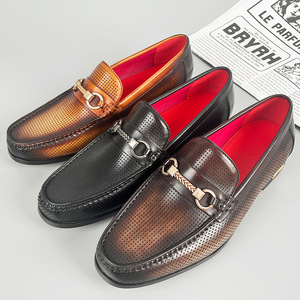 Men's Summer Leather Loafers Round Toe Breathable Slip-On With Buckle <b>Decoration</b> Solid Color Casual Business <b>Shoes</b> - Product Image 2
