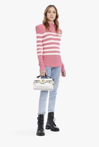 Bottoni dorati personalizzati da <span class=keywords><strong>donna</strong></span> decorati con maglione lavorato a <span class=keywords><strong>maglia</strong></span> a righe bianche e rosa - Product Image 5