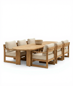 Ensemble de table de jardin en teck tropical en bois, mobilier de salle à manger d'extérieur, chaises rembourrées, sièges au bord de la piscine - Product Image 3