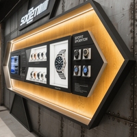 Vitrine de magasin de montres moderne avec éclairage LED, comptoir de présentation, métal, mur plat, verre