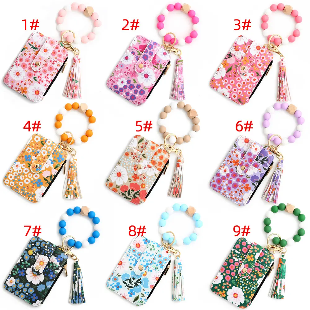 Wholesale Silicone Bead Bracelet Pu Leather Tassel Floral Purse Keychain Bangle Wristlet Wooden ID Credit Card Wallet Keychains