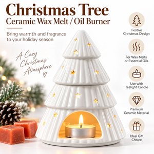 <strong>Christmas</strong> Tree Ceramic <strong>Wax</strong> <strong>Melt</strong> <strong>Burner</strong> Essential Oil Warmer Tealight Candle Holder with Star Cutouts for Holiday Home Decor Gift - Product Image 1