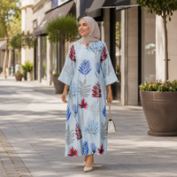Robe longue ample à col cranté, imprimé feuilles colorées, manches trois quarts, coupe droite |   Abaya musulmane quotidienne, robe islamique modeste