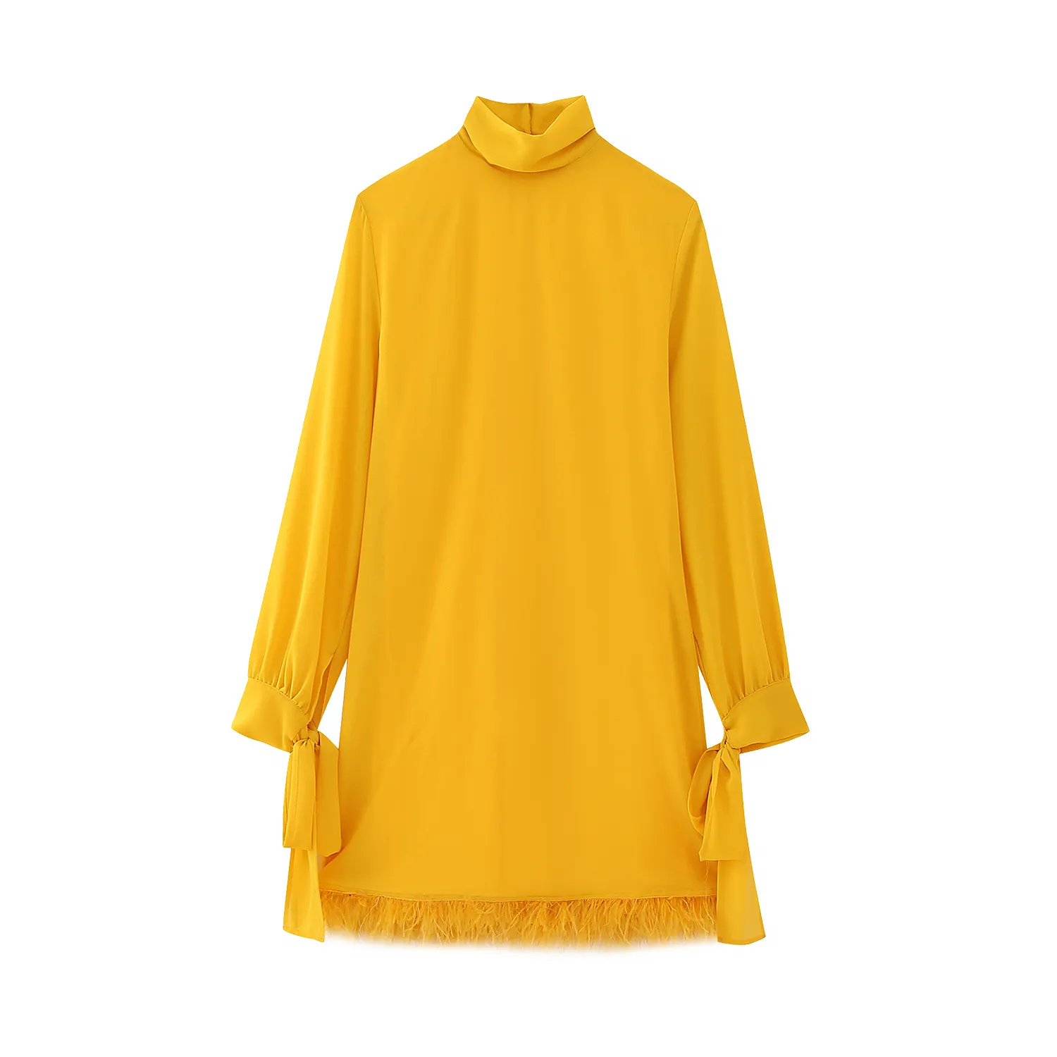 Col roulé couleur jaune manches longues bas plume mode décontractée femmes mini robe