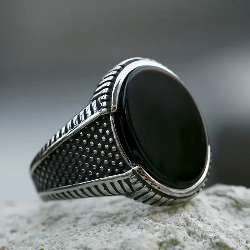 SS8-1264R New Fashion Stainless Steel Men's Stone Ring Turkish Style Ring Inlaid Black Onyx Ring For Men Wholesale Jewelry