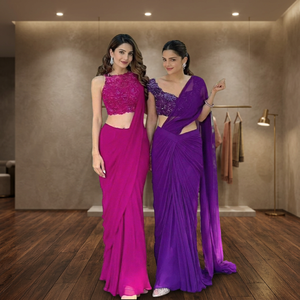 Sari rose et violet tendance pré-drapé, alternative élégante au sari moderne pour femmes, idéal pour les boutiques de créateurs et les occasions festives. - Product Image 3