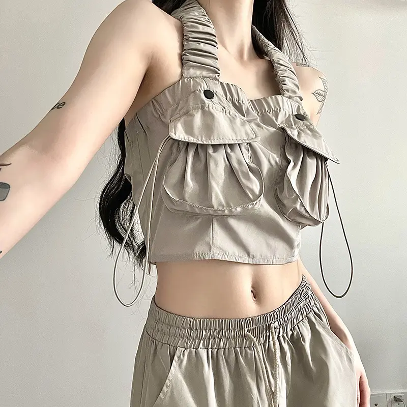 Damen zweiteiliges Set Cargo hose Y2k Streetwear Solide Hose in voller Länge Kurzes Tanktop Lässiges, gerades Lady-Outfit