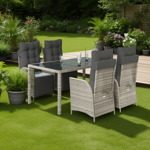 Set da Pranzo da Giardino in Rattan PE Grigio, Acciaio Verniciato a Polvere, Vetro Temperato, 4 Posti, Arredamento da Esterno Stile Contemporaneo - Product Image 2