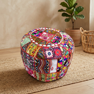 Puf Grande Multicolor de Estilo Bohemio Tradicional, Tapizado en Patchwork, para Sala de Estar, Estilo Vintage, de Algodón Indio - Product Image 3