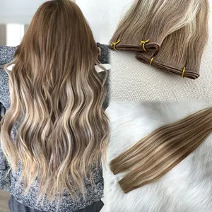 Wholesale Hand Tied Cuticle Aligned Highlight Human 22 Inch Double Drawn Soft Thin Invisible Russian Genius Weft Hair Extensions