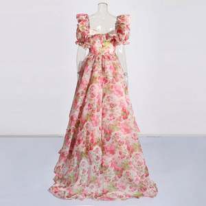 Robe pour femme de style royal français, nouvelle collection été 2024, col carré, bretelles, <span class=keywords><strong>jupe</strong></span> ample, imprimé fruits - Product Image 4