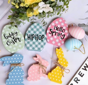 DM Easter Decoration Easter Bunny Wooden Craft Tabletop Rabbit Decor with Pink Blue Green Easter Eggs for Desk Decor - Product Image 2