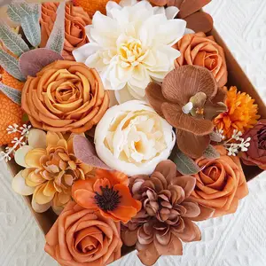 artificial flower box bridal bouquet orange rose and peony leaves silk artificial flower in bulk for home wedding decorations