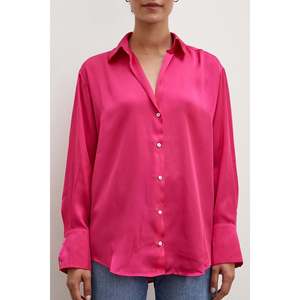 Camisa Básica de Satén Fucsia para Mujer, Blusa Clásica con Botones para Uso Diario - Product Image 5