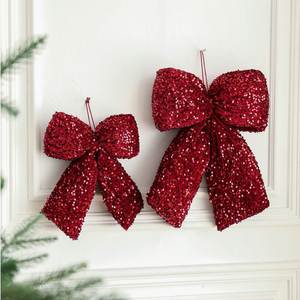 Décoration de Noël de luxe léger haut de gamme, nœud en tissu bordeaux en forme de cœur avec paillettes et sequins, style transfrontalier - Product Image 1