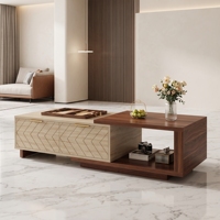 Table basse moderne de luxe en bois bicolore avec tiroirs à motif chevron et étagère de rangement ouverte pour salon et mobilier de villa