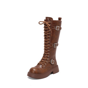 Venta caliente 2024 moda mujer encaje hasta la rodilla botas altas correa en el tobillo punta redonda cuero de vaca botas de mujer - Product Image 1