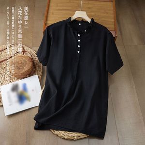 White Cotton Linen Short Sleeve Blouse With Lace Neckline And Embroidery Women's Casual Top - Product Image 4