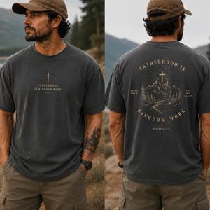 T-shirt personnalisé délavé à l'acide, imprimé montagne croisée devant et derrière, vintage, coupe oversize, motif religieux, en coton épais - Product Image 1