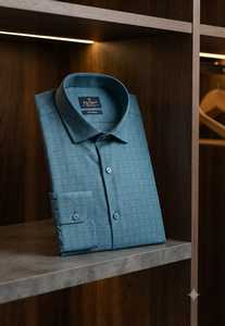 Chemises en twill de coton pour hommes avec un motif géométrique fin, en bleu olive et beige, manches longues, vêtements décontractés à la mode - Product Image 5