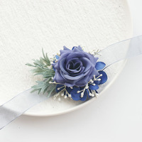 Boutonnière artificielle faite main Rose Bleue avec Hortensia et Verdure pour Mariage, Marié, Bal de Promo, Costume, Revers de Veste