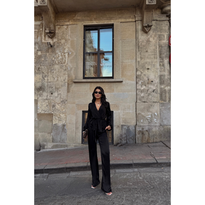 Ensemble deux pièces pour femmes, style club, chemisier en satin à nouer et pantalon, noir, XS-XL, pour la saison d'automne - Product Image 6