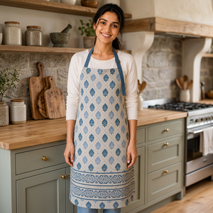 Tablier en lin de qualité supérieure |   Tablier en lin à imprimé floral bleu avec bordure décorative |   Tablier de cuisine et de pâtisserie réglable - Product Image 5
