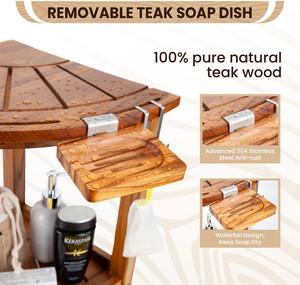 Sgabello Angolare da Doccia in Teak con Ripiano Portaoggetti e Portasapone, Poggiapiedi e Panchina in Legno per <span class=keywords><strong>Bagno</strong></span> Domestico - Product Image 4