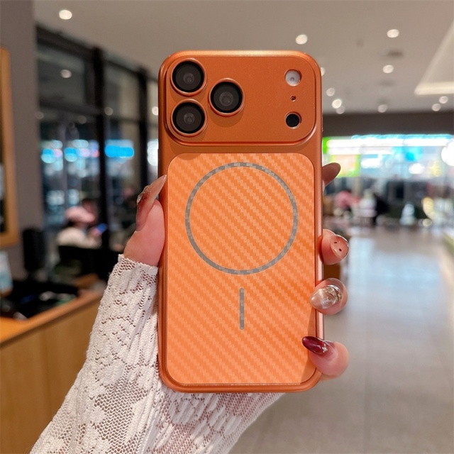 Carbon Fiber Texture Matte Magnetic Phone Case for iPhone 17 13 14 15 16 Pro Max With Glass Lens Film Protective Hard Cover