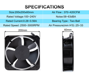 Ventilateur axial à roulements à billes sans balais AC 20060 200x200x60mm 110V 220V 380V Haut débit d'air Faible bruit pour four industriel Armoire Récolteuse - Product Image 2
