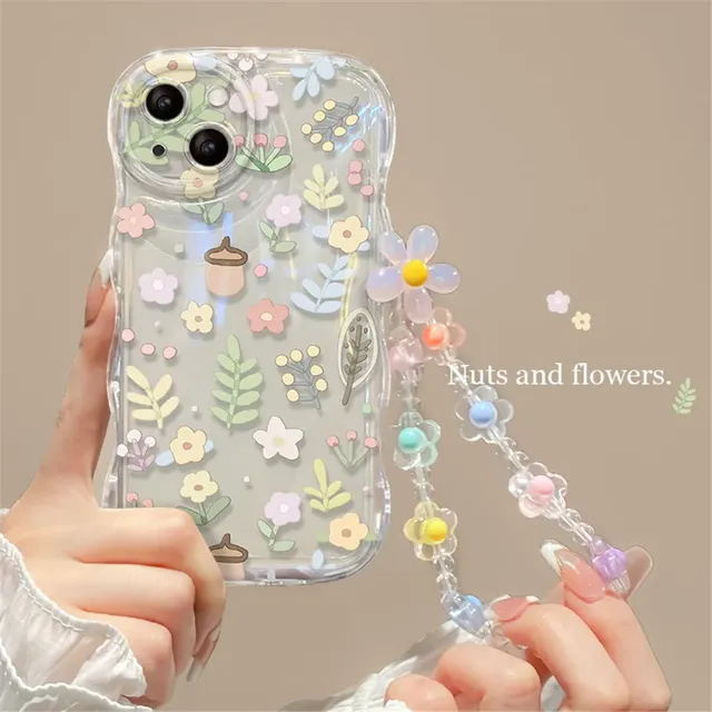 Cute 3D Flower Bracelet Wrist Chain Lanyard Clear Soft Phone Case for iphone 13 14 Pro Max 11 12 XR XS X 7 8 Plus 14 Back Cover 16