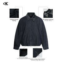 Veste noire pour homme YOFA Custom Factory, col en cuir, ourlet élastique court, style streetwear rétro, vêtement de travail, délavage foncé, vente en gros