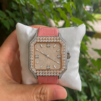 Montre de luxe sertie de diamants Moissanite, 40 mm, bracelet en cuir rose, verre saphir, montre mécanique automatique