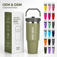 Vaso térmico personalizado de acero inoxidable de 30 oz con asa superior, tapa con pajita abatible y base apta para portavasos - Proveedor mayorista