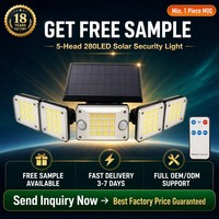 Lampe solaire à détecteur de mouvement 280 LED, projecteur de sécurité à double capteur 5 têtes 180° °   Éclairage grand angle pour cour et garage