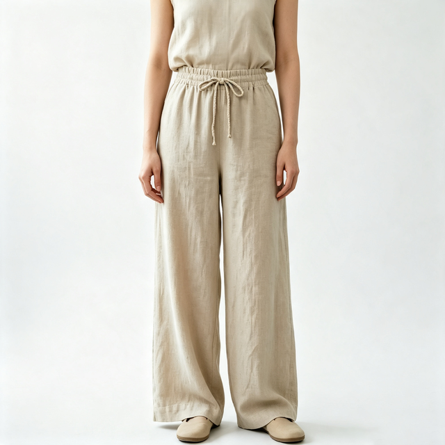 Women's Linen Wide Leg Pants High Waisted Drawstring Waist Loose Fit Casual Summer Trousers Breathable Comfortable Lightweight
