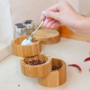 Boîte à épices en bois de bambou à 3 niveaux Boîte à sel empilable avec couvercle magnétique - Product Image 3
